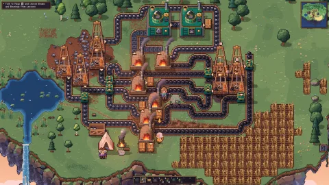 A player's factory: rigs, conveyors, kilns and workshops across the home island.