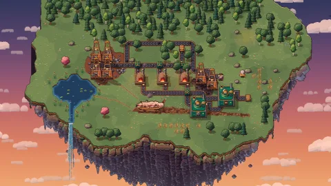 The home island at golden hour, its waterfall falling into the clouds.
