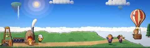 Key art without words: the island's meadow, the crew and the balloon.