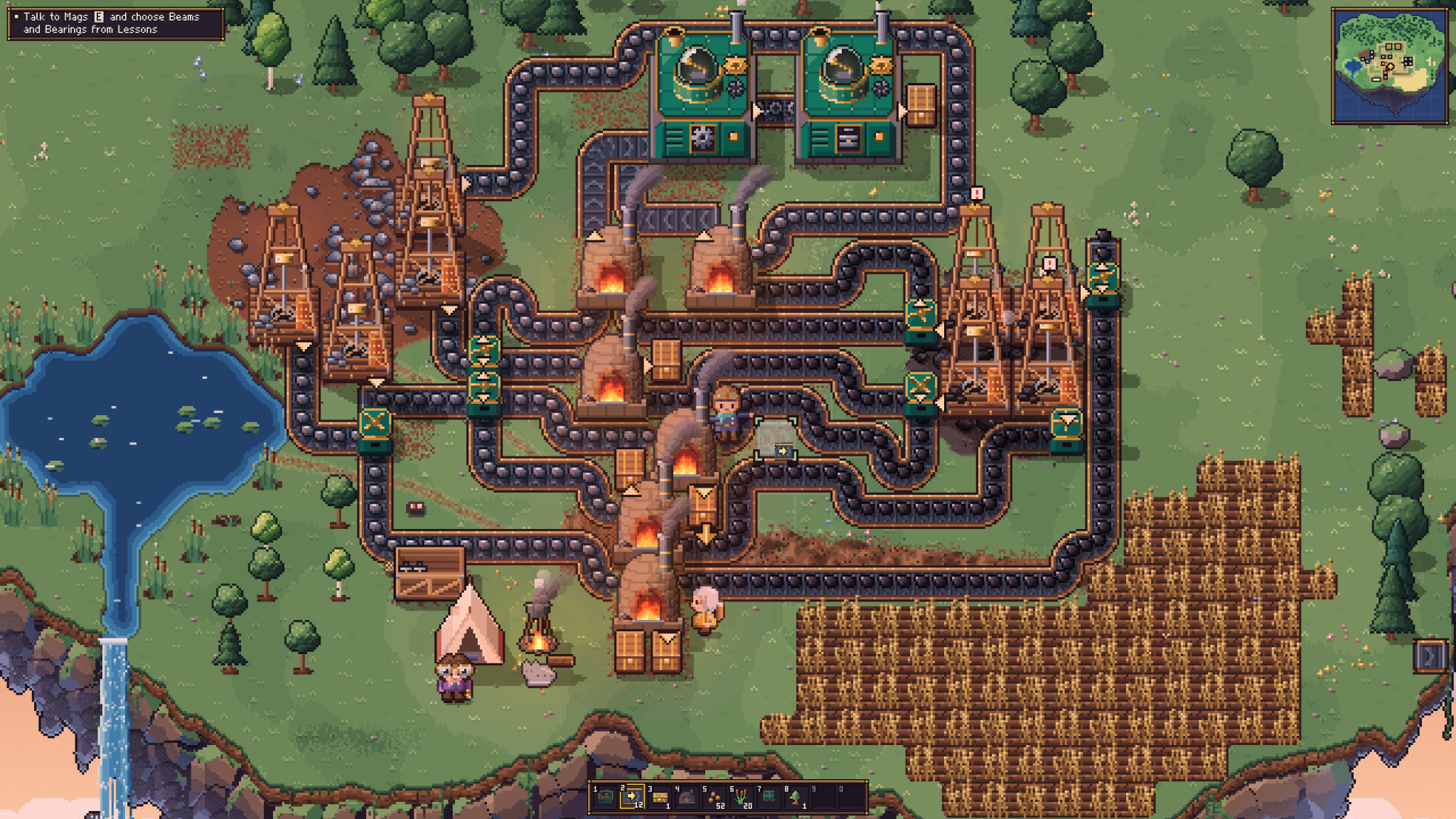 Cloudwright gameplay showing a player factory with rigs, conveyors, kilns and workshops across the home island