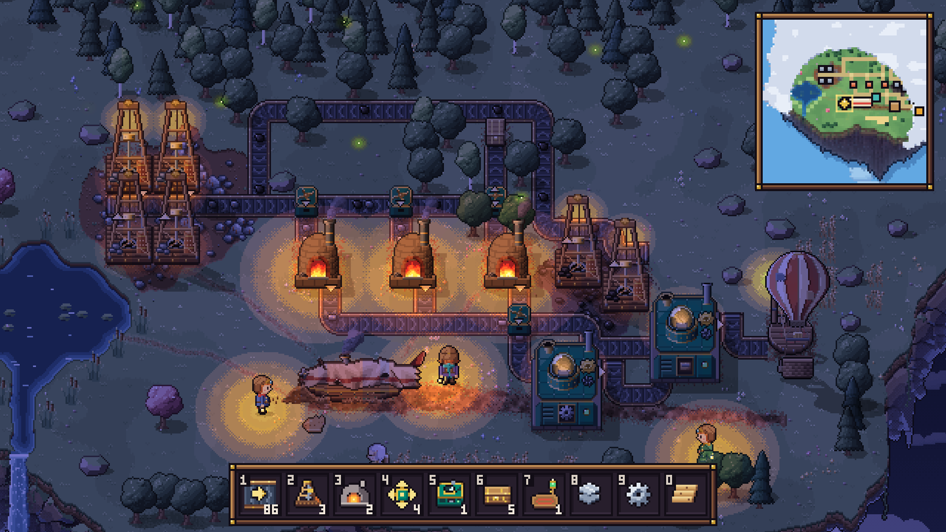 Cloudwright factory at night lit by glowing kilns