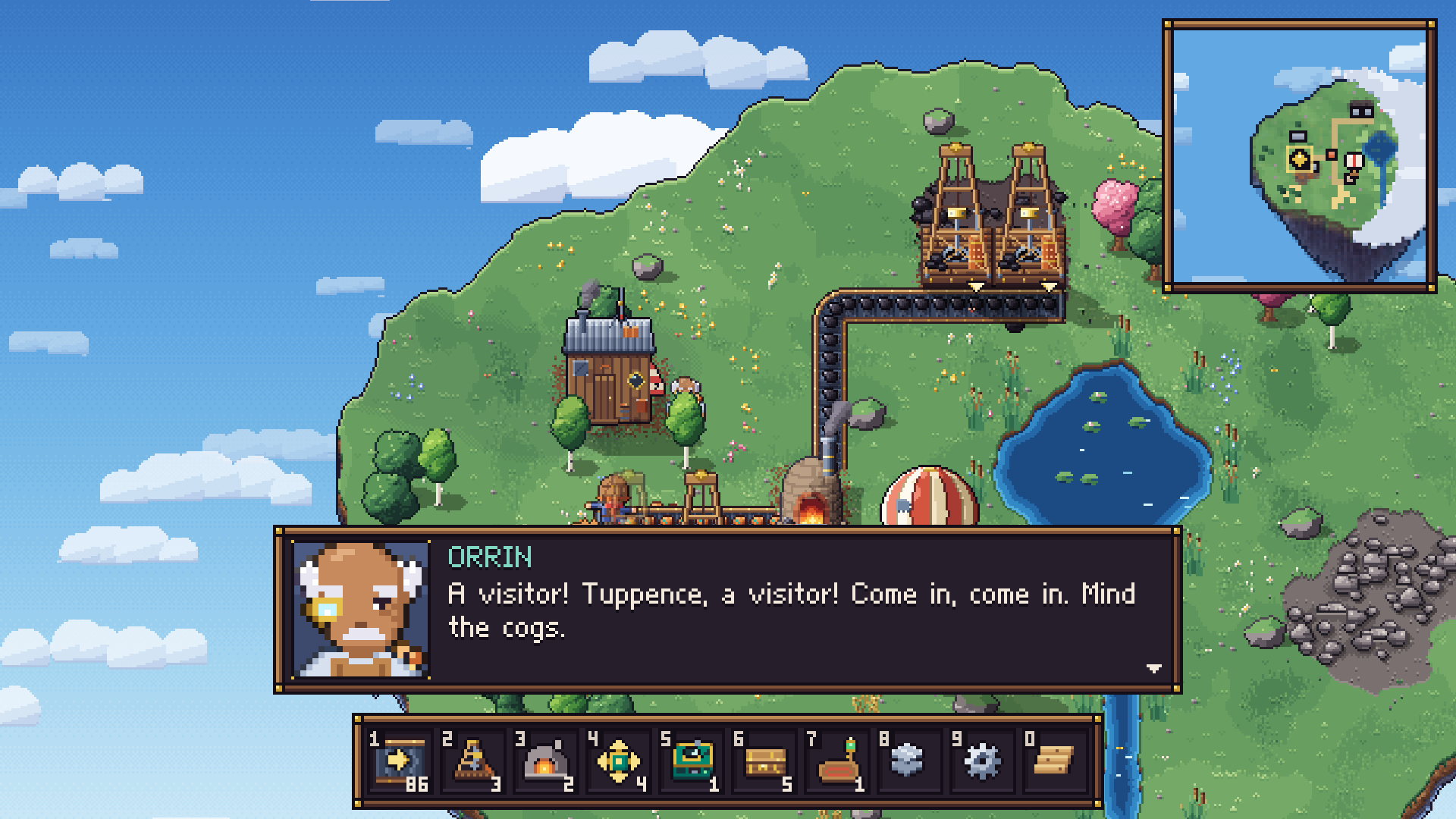 Orrin, the tinker of the copper island, greeting the player in Cloudwright